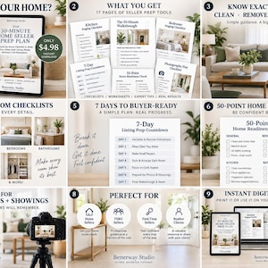 May include: A digital home seller prep plan featuring 17 pages of checklists, worksheets, and expert tips. The document includes a 30-minute home seller prep plan, a 7-day listing prep countdown, and a 50-point home readiness check for sellers.