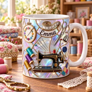 Puede incluir: Una taza de cerámica blanca con un fondo estilo vidriera de colores iridiscentes. El diseño incluye una máquina de coser negra, una cinta métrica con el nombre Emma, tijeras, un dedal, carretes de hilo y un bastidor de bordado floral.