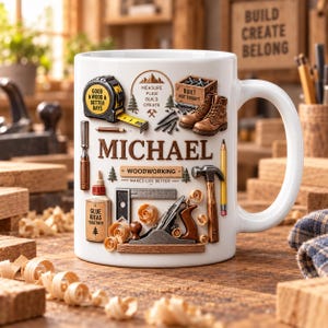 May include: A white ceramic mug featuring a colourful graphic of woodworking tools including a tape measure, hammer, chisel, glue bottle, and plane. The text reads MICHAEL, WOODWORKING MAKES LIFE BETTER, MEASURE PLAN BUILD CREATE, and BUILT NOT BOUGHT.