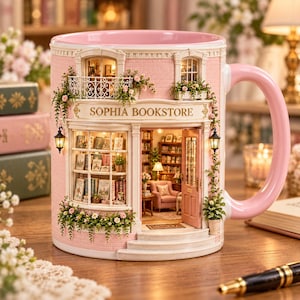 May include: A ceramic mug shaped like a pink bookstore titled Sophia Bookstore. The exterior features a brick facade, a balcony, and floral accents. The open door reveals a detailed interior with bookshelves, a chair, and a lamp. The handle is pink.