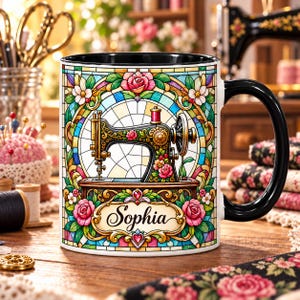 Vintage-Nähmaschinenbecher, Kaffeetasse mit Buntglas-Motiv, Keramikbecher für Quilter, Geschenk für Näherinnen, Dekoration fürs Nähzimmer