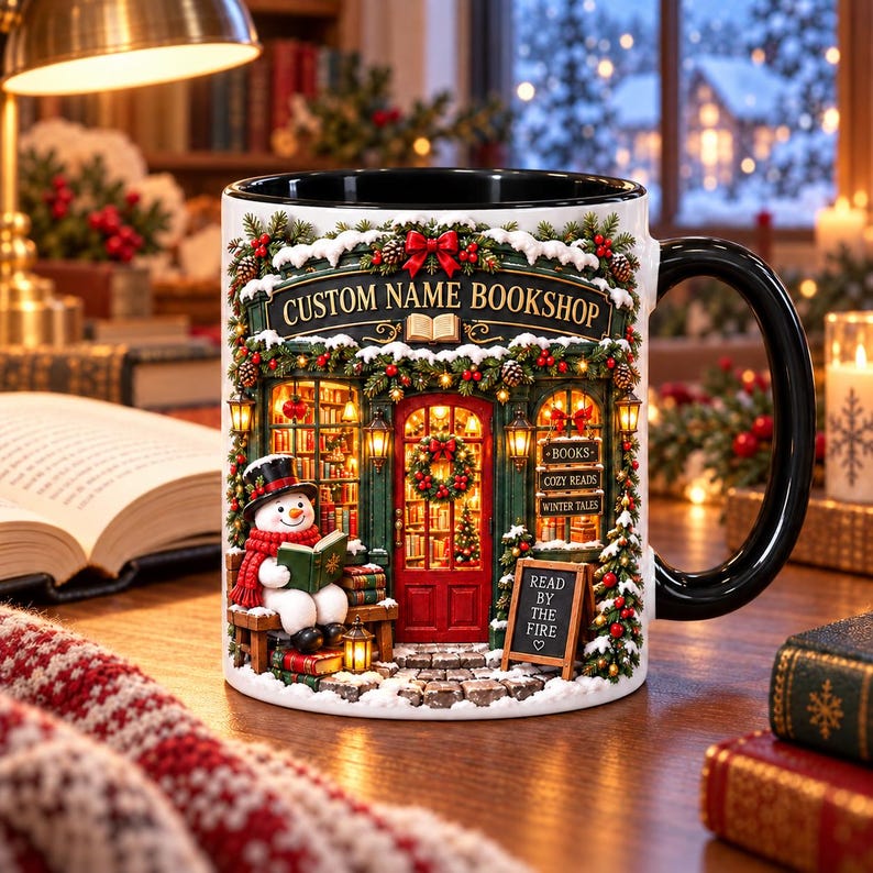 Personalized Christmas Bookshop Mug, Custom Name Cozy Book Lover Cup ...