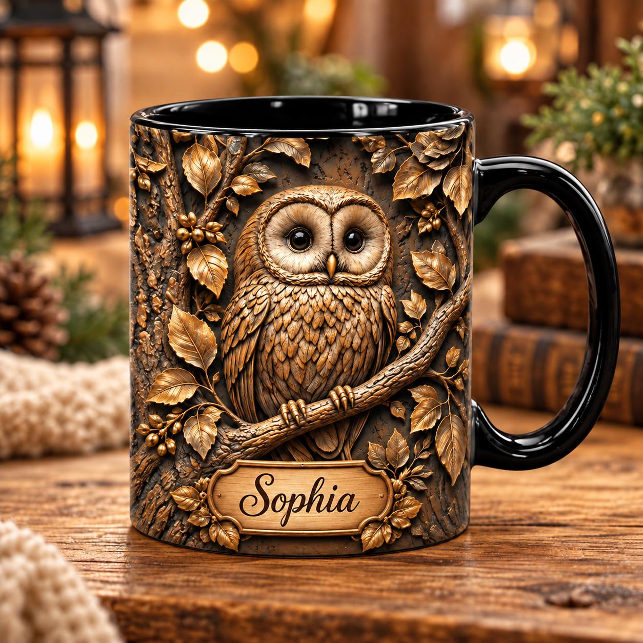 Woodland Owl Mug, Rustic Forest Coffee Cup, Vintage Owl Ceramic Mug, Cottagecore Wildlife Decor, Nat