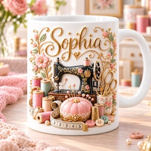 Personlig sömnadsmugg, sömmerskemugg med eget namn, vintage symaskinspresent, skräddar- och quiltkaffemugg, present till sömnadsentusiaster