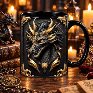May include: A black ceramic mug featuring a detailed illustration of a dragon with gold accents. The dragon has sharp teeth and glowing eyes, framed by ornate gold filigree corners. The mug has a smooth black handle and a glossy finish.