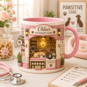Può includere: Una tazza in ceramica rosa a forma di facciata di clinica veterinaria con la scritta 'Chloe's VETERINARY CLINIC'. L'interno mostra una scena in miniatura con un cucciolo e un gattino, scaffali di medicinali, un bancone e un'impronta luminosa.
