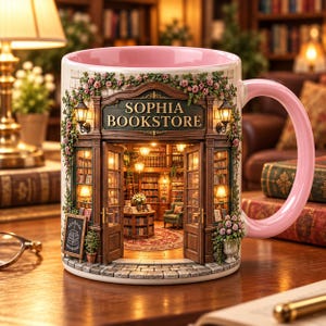 Op de afbeelding: Een keramische mok met een roze binnenkant en handvat, voorzien van een gedetailleerde 3D-illustratie van een boekenwinkel genaamd Sophia Bookstore. Het ontwerp bevat open houten deuren, hangende bloemenranken en een blik in een gezellige bibliotheek.