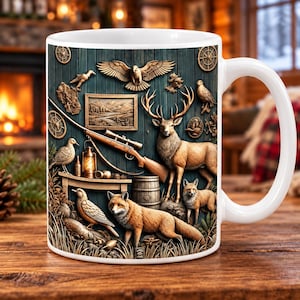 Może przedstawiać: Biały ceramiczny kubek ze szczegółową ilustracją sceny leśnej. Wzór przedstawia jelenia, dwa lisy, różne ptaki, karabin z lunetą, latarnię, drewnianą beczkę oraz oprawiony w ramkę obraz przedstawiający krajobraz.