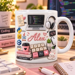 Op de afbeelding: Een witte keramische mok met een laptop, koptelefoon, computermuis en toetsenbord. De mok toont de naam Alex in roze schrift, samen met iconen voor Python, Java, C++ en AWS, stapels boeken en een klein kattenfiguurtje.