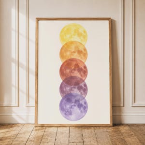 May include: A framed vertical wall art print featuring a column of five overlapping circular moon illustrations. The moons transition in color from top to bottom, starting with yellow, then orange, red, magenta, and finally a light purple hue.