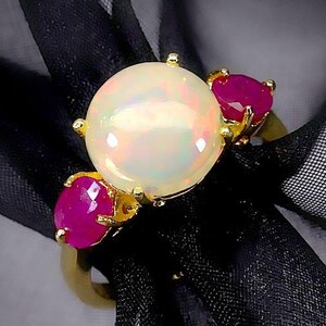 Exquisite delicate silver ring with natural fire opal and ruby "Happiness of a woman"