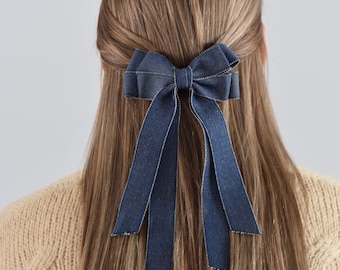 Denim Hair Bow, Hair Bows, Hair Bows for Women, Ribbon Hair Bow, Long Tail Bow, Hair Ribbon, Bow Hair Clip, Bows for Hair, Hair Tie Bow, Bow