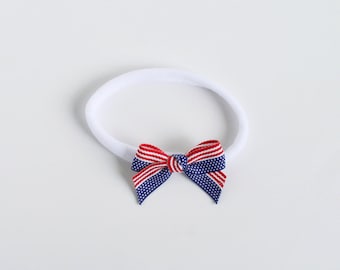 4th of July Baby Headband, Patriotic Bow Headband, Red White Blue Girl Headband, Soft Nylon Baby Bow, Infant Toddler Hair Accessory