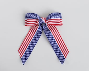 4th of July Hair Bow, Mia Flag Bow, Patriotic Girl Bow Clip, Red, White, Blue Hair Accessory, Alligator Clip or Barrette, Toddler to Adult