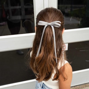 May include: A young person's brown hair is styled with a light gray bow. The bow is tied at the back of the head, with long, flowing ribbons. The hair is parted in the middle and falls down the back. The person is wearing a white top and blue jeans.