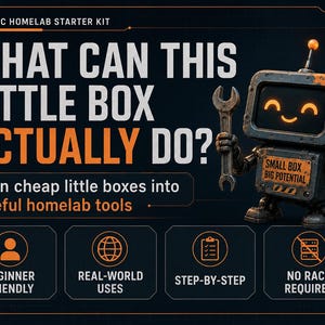 May include: A Micro-PC Homelab Starter Kit graphic featuring a grey robot holding a wrench. Text reads: WHAT CAN THIS LITTLE BOX ACTUALLY DO? Turn cheap little boxes into useful homelab tools. Icons show Beginner Friendly, Real-World Uses, Step-by-Step, No Rack Required.