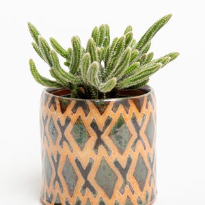 May include: A small green cactus with numerous slender, upright stems planted in a cylindrical ceramic pot. The pot features a repeating diamond pattern in shades of orange and dark green with a glossy, glazed finish.