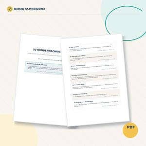 May include: A digital document titled 50 KUNDENNACHRICHTEN from BARAN SCHNEIDEREI, featuring a list of seven German customer notification templates for order status updates, pickup reminders, and express service notifications on a white background.