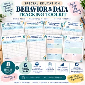 May include: A behaviour and data tracking toolkit featuring eight printable sheets with blue, green, and pink accents. The pages include logs for ABC behaviour, frequency, duration, intensity, intervals, daily data, replacement behaviour, and pattern summaries.