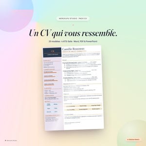 Puede incluir: Un documento de plantilla de currículum digital titulado Merukufu Studio Pack CV, que presenta el texto Un CV qui vous ressemble, 25 modèles, 4 ATS-Safe, Word, PDF & PowerPoint. El documento muestra un diseño profesional con secciones para contacto, habilidades, idiomas, educación y experiencia.