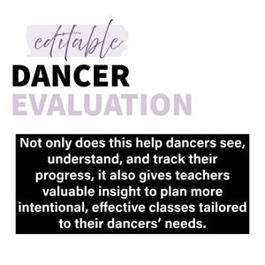 Könnte beinhalten: Ein digitales Dokument mit dem Titel editable DANCER EVALUATION in lila und schwarzer Schrift. Unter dem Titel befindet sich ein schwarzer Kasten mit weißem Text, der erklärt, dass das Dokument Tänzern hilft, Fortschritte zu verfolgen.