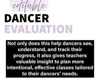 May include: A digital document titled editable DANCER EVALUATION in purple and black text. Below the title, a black rectangular box contains white text explaining that the document helps dancers track progress and teachers plan effective classes.