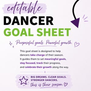 May include: An editable dancer goal sheet featuring the text: editable DANCER GOAL SHEET, Purposeful goals. Powerful growth., This goal sheet is designed to help dancers take charge of their season. BIG DREAMS. CLEAR GOALS. STRONGER DANCERS. this is their season.