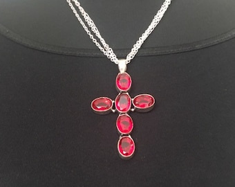 Garnet Cross Necklace, Red Gemstone Cross Necklace, Faith Inspired Necklace, Ready to Ship