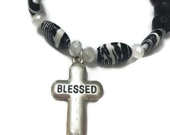 Blessed Bracelet, Black and White Bracelet, Faith Bracelet, Lava Bead Diffuser Bracelet, Blessed Cross Bracelet