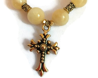 Yellow Jade Bracelet with Gold Tone Cross, Gold Cross Bracelet, Faith Bracelet, Christian Bracelet
