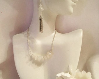 Sale, Genuine Moonstone Jewelry Set, Moostone Necklace and Dangle Tassel Earrings, Rainbow Moonstone Necklace with Earrings