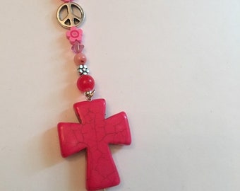 Fushia Cross Car Ornament, Pink Cross Rear View Mirror Charm, Large Pink Cross, Swarovski Crystal Gift , Faith Gift,Peace Sign Gift