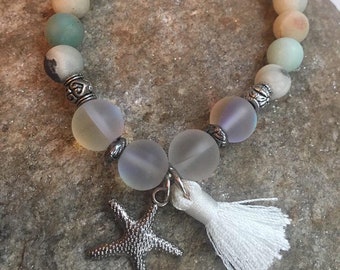 Sale, Mermaid Glow Beaded Starfish Bracelet, Summer Bracelet, Glow ad Gemstone Bracelet, Starfish Bracelet with Tassel