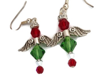Swarovski Crystal Christmas Angel Earrings, Swarovski Angel Earrings, Silver Angel Wing Earrings, Red and Green Crystal Angel Earrings