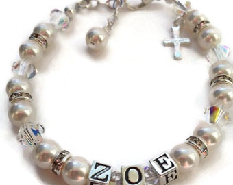Swarovski Pearls, Personalized Bracelet, Sterling Silver Name Bracelet,Communion, Confirmation