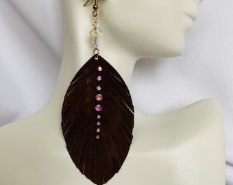 Brown Suede Feather Earrings, Sparkle Feather Earrings, Swarovski Crystal Earrings, Large Earrings, Long Earrings