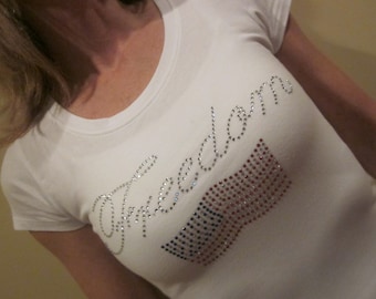Rhinestone TShirt, Custom Shirt, Freedom, Patriotic Clothing, American Flag, Sparkle Shirt, Bling, Red White  and Blue