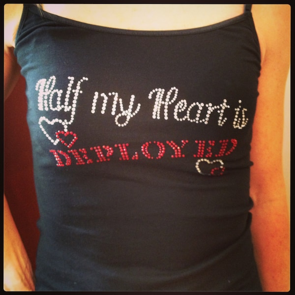 Clearance, Rhinestone Tank Size Medium Only, Half My Heart Is Deployed, Sparkle Tee,