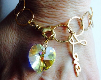 Swarovski Crystal Heart Bracelet, Love Bracelet, Crystal Heart Bracelet, Valentine Jewelry, Inspiring Jewelry,Gold Link Bracelet, OOAK, SALE