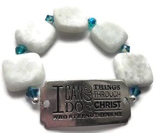 Philippians 4:13 Bracelet, Gemstone Scripture Bracelet, Christian Bracelet, Amazonite Bracelet, Inspirational Bracelet, Sale