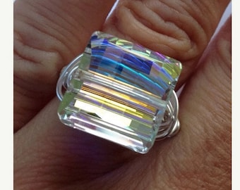 Last one!, On sale, Sparkle Ring, Swarovski Clear AB Ring, Wire Wrapped Ring, Princess Cut, Square Ring, Bling Ring