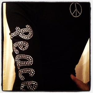 Rhinestone T Shirt, Peace Shirt, Sleeve Design, Sparkle Top, Peace Sign image 1