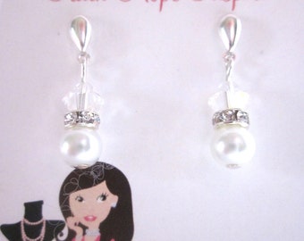 Swarovski Crystal and Pearl Earrings,  White Pearl Earrings, Swarovski Pearl Earrings, Dainty Pearl Earrings