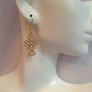 Gold Cross Earrings, Gold and Rhinestone Cross Earrings, Faith Earrings, Filigree Cross Earrings