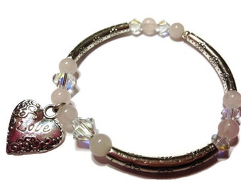 Love Bracelet, Stretchy Bangle Bracelet, Valentines Jewelry,  Heart Bracelet, Rose Quartz and Swarovski Crystal Bangle