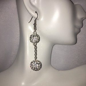 White Pave Bead Earrings, Long Sparkle Earrings, Ball Earrings, Dangle Earrings, Dressy Earrings