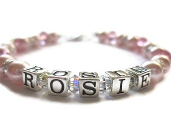 Light Rose Crystal and  Pearl Bracelet, Sterling Name Bracelet, Blush Pearl Bracelet, Custom Name Bracelet