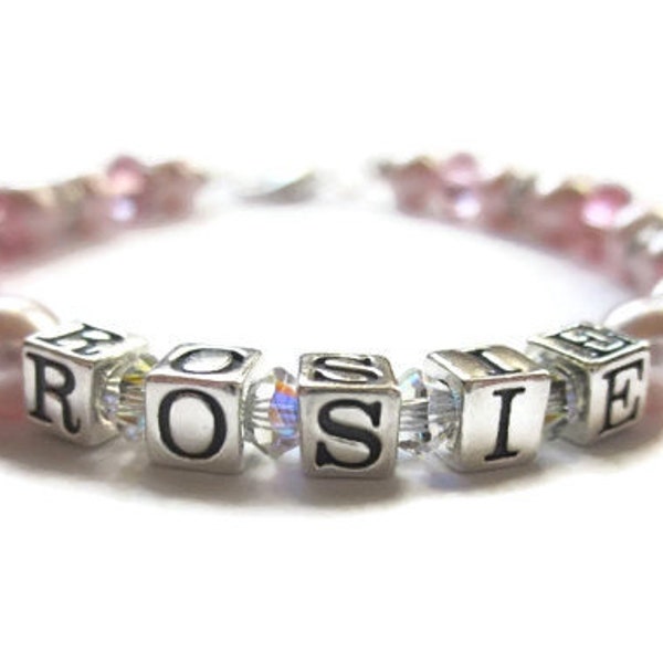 Light Rose Crystal and  Pearl Bracelet, Sterling Name Bracelet, Blush Pearl Bracelet, Custom Name Bracelet