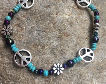 Peace Anklet, Flower Power Anklet, Peace Sign Anklet, Summer Jewelry