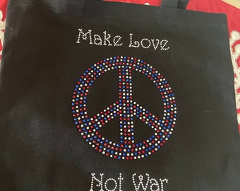 Make Love Not War With Peace Sign Rhinestone Tote Bag